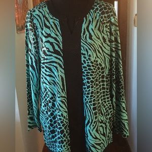 Susan Graver Animal Print Turquoise Black Sparkle Tunic Top Size Medium NWOT